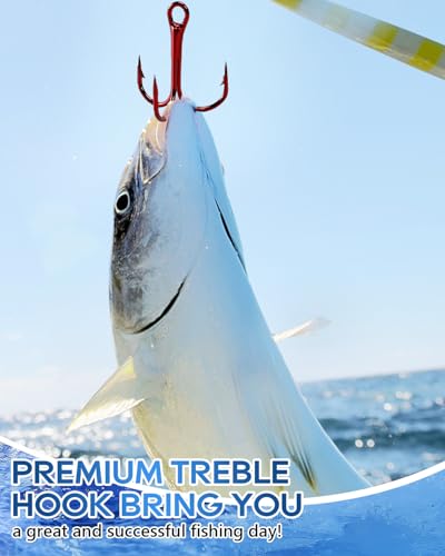 UCEC Fishing Hooks Treble Hooks Kit for Saltwater Freshwater, High Carbon Steel Strong Sharp Round Bend for Catfish Trout Hard Baits Lures, Size #1#2#4#6#8#10#12#14 110/50/210 Pack with Split Rings - style: 100pcs Split Rings & 105pcs Red Hooks #2 #4 #6 #