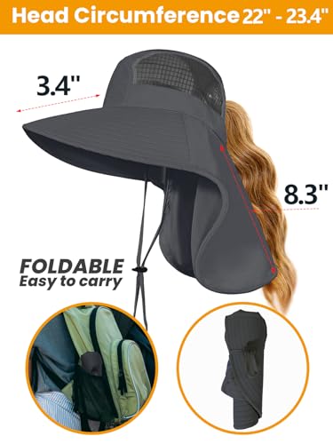 Sun Hats for Women UV Protection with Neck Flap Wide Brim Beach Hats with Ponytail Hole for Hiking Fishing Gardening Travel - color: Dark Grey