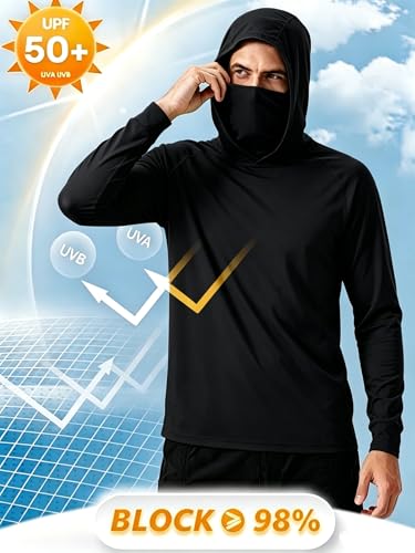 LeeHanTon Men UPF 50+ Sun Protection Hoodie Long Sleeve Shirts Dry-Fit UV Breathable Work Athletic Summer Pullover Sweatshirt - color: A-black-with Mask, size: 3X-Large