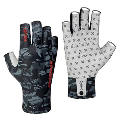 BASSDASH 3/4 Finger UPF 50+ Sun Gloves Breathable Anti-Slip Silicone Palm for Men Women Fishing Fingerless Cycling Running - color: Black Camo, size: Small