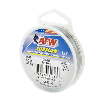 American Fishing Wire Surflon Nylon Coated 1x7 Stainless Steel Wire Leader - Wire Fishing Leader Line for Saltwater 10lb Up To 250lb Test in Bright, Black, Camo in 30ft, 100ft, 300ft, & 1000ft Lengths - color: Bright, style: 30 Feet, 90 Pound Test