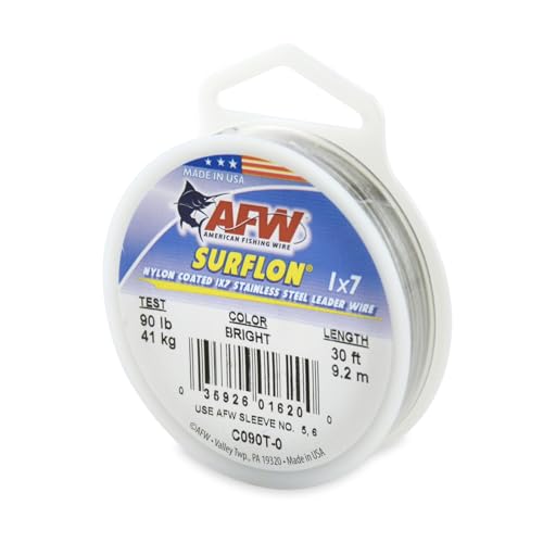 American Fishing Wire Surflon Nylon Coated 1x7 Stainless Steel Wire Leader - Wire Fishing Leader Line for Saltwater 10lb Up To 250lb Test in Bright, Black, Camo in 30ft, 100ft, 300ft, & 1000ft Lengths - color: Bright, style: 30 Feet, 90 Pound Test