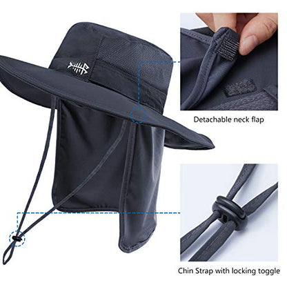 BASSDASH UPF 50+ Sun Fishing Hat Water Resistant with Detachable Neck Flap - color: Dark Grey