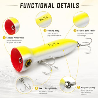 Topwater Popper Fishing Lure, 120mm 4.7in Floating Saltwater Surface Bait with BKK 3X Strong #1 Treble Hooks and Split Rings, Long Casting Hard Lure for Striped Bass Tuna Bluefish Inshore Fishing - color: A1-1PCS/1.48OZ-4.7"