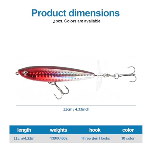 Whopper Fishing Lure for Bass：Popper Top Water Fishing Lures with Floating Rotating Tail Barb Treble Hooks Saltwater Freshwater Plopping Lures Kit - color: Brown Red