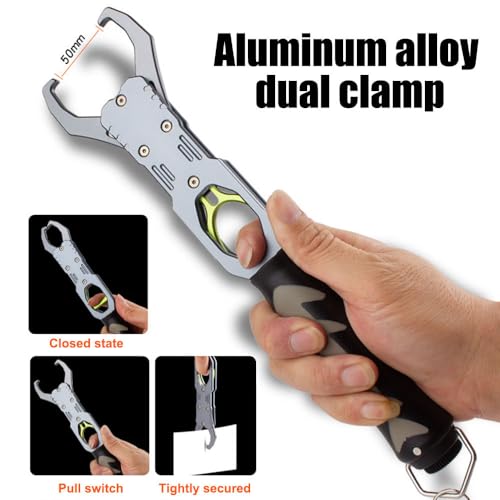 Fish Lip Gripper, Aluminium Alloy Fishing Grabber Non-Slip Fish Lip Grip Tool with Weight Scale & Anti-Lost Rope for Outdoor Fishing - color: Gray