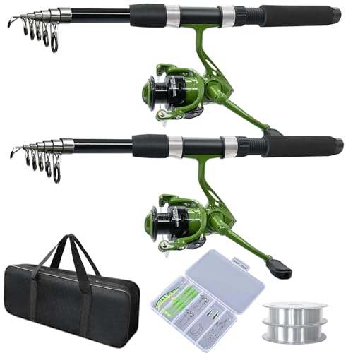 2PACK Fishing Pole Combo,Fishing Rod Combos with Telescopic Fishing Pole Spinning Reels Fishing Carrier Bag for Travel Saltwater Freshwater - color: Green