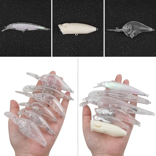 Blank Fishing Lure Kit,Unpainted Popper Plug Lures DIY Crank Bait Set Fishing Pliers Treble Hooks 3D/4D Lure Eyes Bait Sticker Split Rings,Fish Tackle Accessories Kits - color: Lure Kit-12pcs