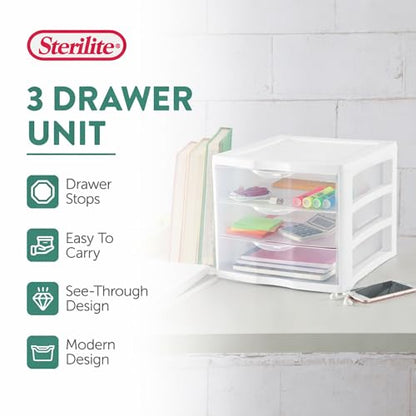 Sterilite Clearview Plastic Multipurpose Small 3 Drawer Desktop Storage Organization Unit for Home, Classrooms, or Office Spaces, White, 6 Pack - size: 6 Pack