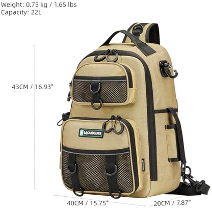 22L Wading Fishing Tackle Sling Bag, Holds 3x 3700 Boxes, Tan | Hands Free Lure Casting, Large Crossbody Shoulder Backpack with Rod Holder, Water Bottle Holder, 12 Heavy Duty D Rings - color: Tan