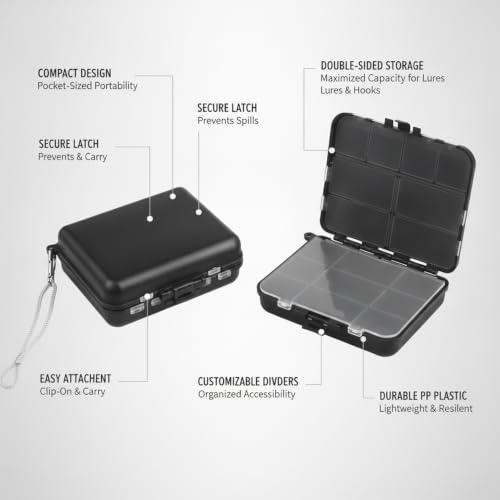 Fits Standard Vest Pockets and Kayak Hatches: Compact Double-Sided Fishing Tackle Box for Lures and Hooks, Black PP Plastic Storage Container - size: 4.57 x 3.62 x 1.26 in