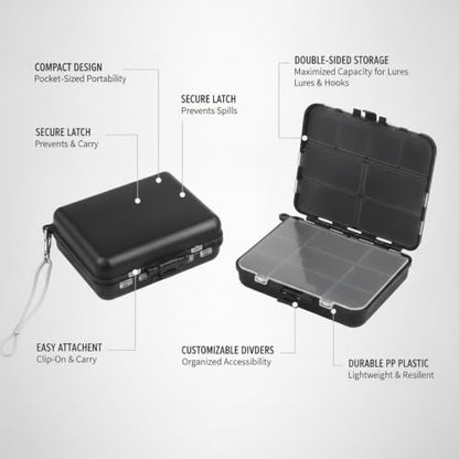 Fits Standard Vest Pockets and Kayak Hatches: Compact Double-Sided Fishing Tackle Box for Lures and Hooks, Black PP Plastic Storage Container - size: 4.57 x 3.62 x 1.26 in