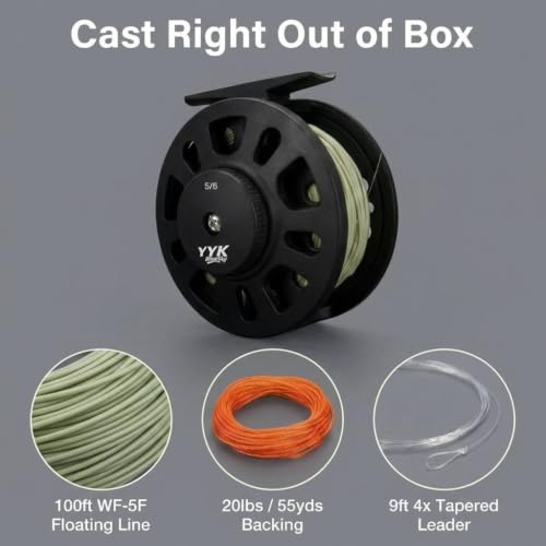 YYKBlueSky 5/6wt Fly Fishing Reel, Aluminum/Plastic Frame Optional, Smooth Drag System, Pre-Loaded Line Set (Including WF5F Floating+20LBS Backing+4X/5X/6X Taper Leader+4X/5X/6X Tippet) - style: For Fly Fishing