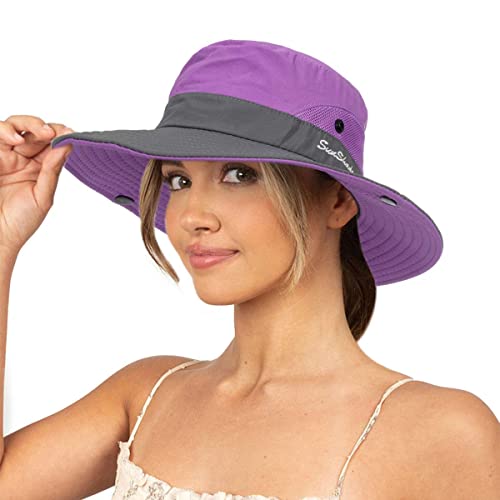 Sun Hat for Women Summer UV Protection Beach Hat Wide Brim Mesh Bucket Fishing Hat with Ponytail Hole Foldable Packable Hat - color: Purple(with Ponytail Hole)