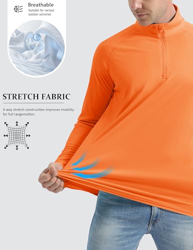 MAGCOMSEN Men's Long Sleeve Sun Shirts UPF 50+ Tees 1/4 Zip Fishing Running Rash Guard Athletic T-Shirts - color: Orange, size: Large