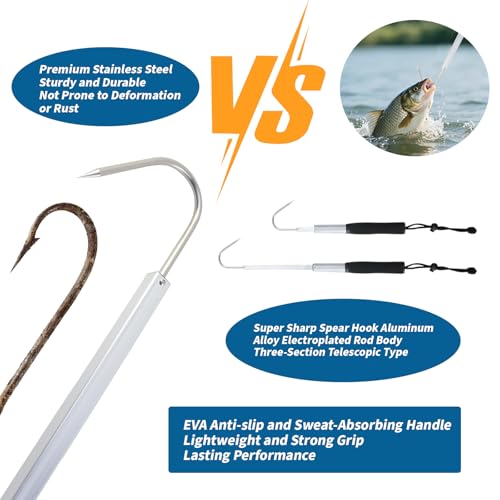 Dnyta Telescopic Fishing Gaff with Super Sharp Spear Hook, Hand Fish Gaff | Retractable Lightweight Aluminium Alloy Pole and Injury Prevention Hand Rubber Hook Caps for Saltwater, Boat, Kayak Fishing