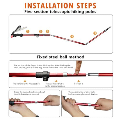 Deepfeel Collapsible Trekking Pole Adjustable Hiking Pole - Aluminum Alloy 7075 Walking Stick with Telescopic & Foldable Tri-fold Design for Travel Camping Climbing Walking - color: Red