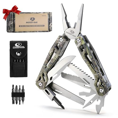 MOSSY OAK Multitool, 22-in-1 Stainless Steel Pliers with Screwdriver Sleeve, Camo Steel Handle, Self-locking Knife with Sheath-Perfect for Outdoor, Survival, Camping, Hiking, Simple Repair - color: 22-in-1, Camo