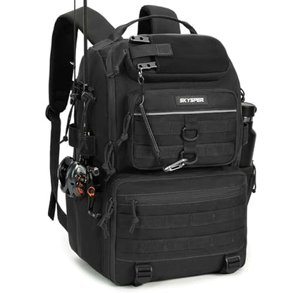 SKYSPER Tackle Backpack Fishing Bags with Rod Holder, 40L Water-Resistant Tackle Box Storage Bag for Fishing Gear Lures(Black) - color: Black