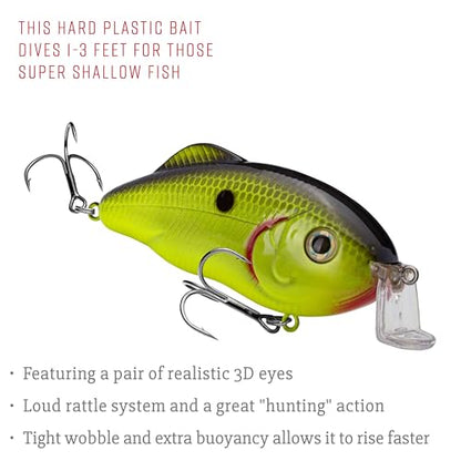Strike King Hybrid Hunter Shallow Jr. Fishing Lure, Shallow Diving Crankbait, 90-Degree Bill, 3D Eyes, Loud Rattle, Dives 1 to 3-Feet,Size 4 & 6 Treble Hooks - color: Chartreuse with Black Back, size: 1/2 oz