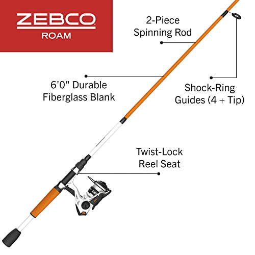 Zebco Roam Spinning Reel and Fishing Rod Combo, 6-Foot Fiberglass Fishing Pole, Split ComfortGrip Handle, Soft-Touch Handle Knob, Changeable Right- or Left-Hand Retrieve - style: Size 20 Reel - 6'0" Rod - Orange