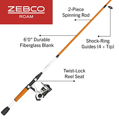 Zebco Roam Spinning Reel and Fishing Rod Combo, 6-Foot Fiberglass Fishing Pole, Split ComfortGrip Handle, Soft-Touch Handle Knob, Changeable Right- or Left-Hand Retrieve - style: Size 20 Reel - 6'0" Rod - Orange