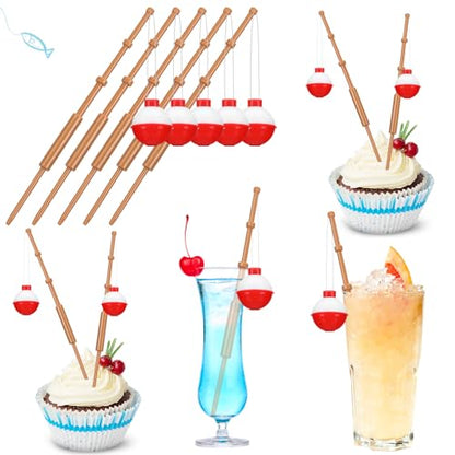 Reallnaive 24 Pcs Fishing Float Cupcake Toppers Fisherman Pole Picks Party Supplies Bulk, 3D Fish Bobber Push Button Round Buoy Floats for Fishing Birthday Party Decorations(Bobber) - style: Bobber