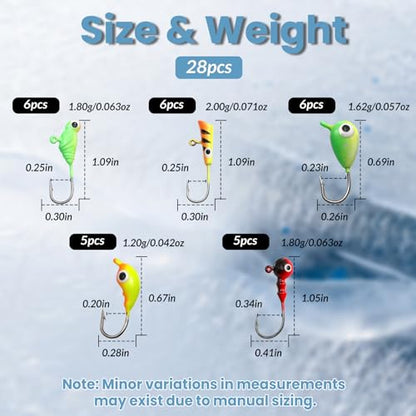 Glow Ice Fishing Jigs | Winter Ice Fishing Lures Set | Micro Jig Head for Pike, Panfish, Crappie, Perch, Walleye, Trout, Bluegill - with Storage Box - color: 28pcs