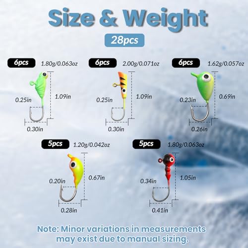 Natufish Glow Ice Fishing Jigs | Winter Ice Fishing Lures Set | Micro Jig Head for Pike, Panfish, Crappie, Perch, Walleye, Trout, Bluegill - with Storage Box - color: 28pcs