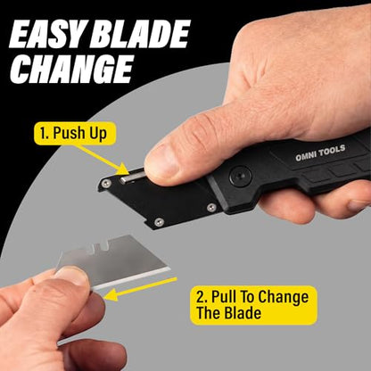Heavy Duty Folding Utility Knife with 5 Replacement Blades, Quick Change Razor Box Cutter, Ergonomic Handle, Portable Pocket Cutter for Cardboard, Drywall, Plastic, Rope, Carpet and DIY Projects - color: Mat Black