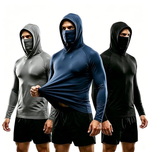 3 Pack Men's UPF 50+ Sun Protection Hoodies, Long Sleeve Moisture Wicking Shirts with Face Mask for Fishing - color: A【loose Fit】3 Pack, size: X-Large