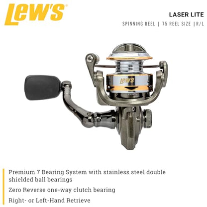Lew's Laser Lite Spinning Fishing Reel, 6+1 Bearings, Graphite Frame and Sideplate, Speed Lube, Multi-Disc Drag - size: 75