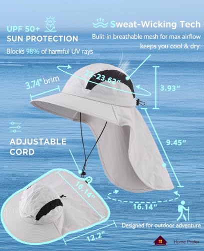 Home Prefer UPF 50+ Sun Hats for Men Women Wide Brim Fishing Hat with Neck Flap UV Protection Sunblock Safari Bucket Hat - color: Light Grey