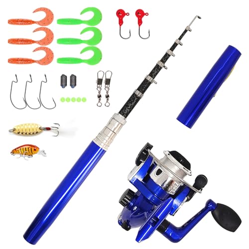 Portable Small Pen Fishing Rod Spinning Reel Combos, 38" 55" Compact Telescopic Fish Pole Kits for All Season Fishing in Rivers, Lakes, Ice, etc. - color: Blue - Full Kits, size: 55inches / 140cm