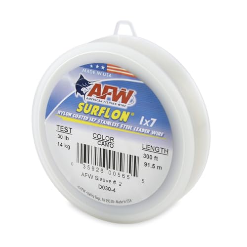 American Fishing Wire Surflon Nylon Coated 1x7 Stainless Steel Wire Leader - Wire Fishing Leader Line for Saltwater 10lb Up To 250lb Test in Bright, Black, Camo in 30ft, 100ft, 300ft, & 1000ft Lengths - color: Camo, style: 300 Feet, 30 Pound Test