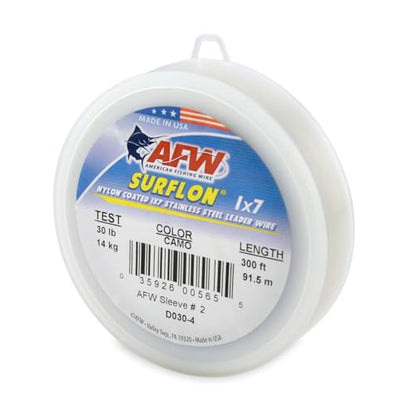 American Fishing Wire Surflon Nylon Coated 1x7 Stainless Steel Wire Leader - Wire Fishing Leader Line for Saltwater 10lb Up To 250lb Test in Bright, Black, Camo in 30ft, 100ft, 300ft, & 1000ft Lengths - color: Camo, style: 300 Feet, 30 Pound Test