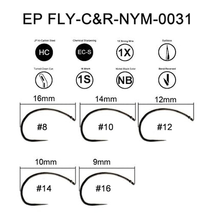 Eupheng Fly Fishing Hooks 100pc Pack Barbless Catch & Release Dry Wet Nymph Shrimp&Pupa, Streamer, Caddis, Jig, Scud Flies Fishing Hooks - color: EP Fly-C&R-NYM-0031, size: #8