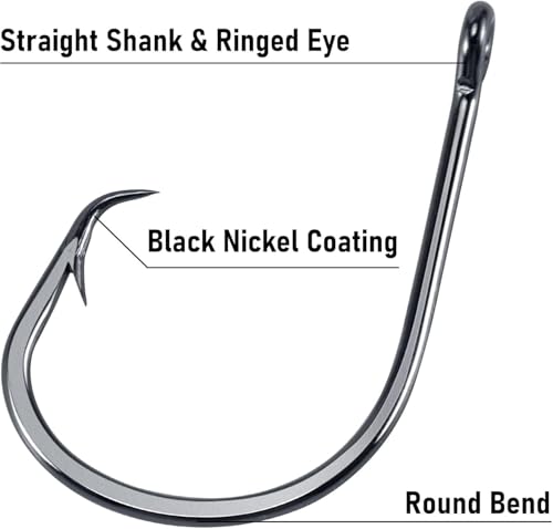Dr.Fish 50 Pack in-line Circle Hooks, Straight Shank Octopus Hooks, Freshwater & Saltwater Fishing Catfish Tuna Bass Striper - size: #9/0-50 Pack