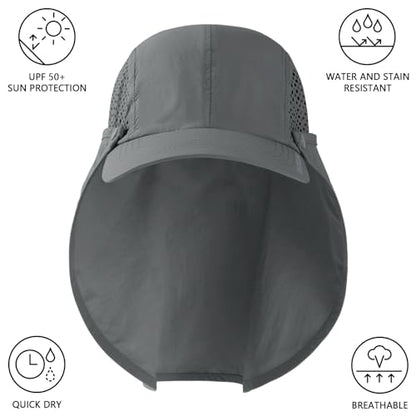 BASSDASH UPF 50+ Foldable Fishing Hat Baseball Cap with Removable Neck Flap Portable for Men Women Golf Hiking - color: Light Grey With Unfoldable Brim