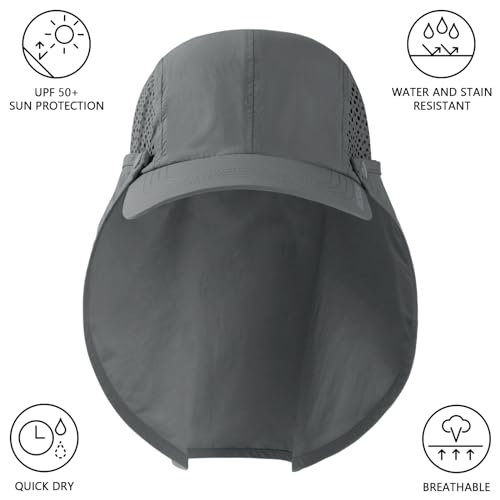 BASSDASH UPF 50+ Foldable Fishing Hat Baseball Cap with Removable Neck Flap Portable for Men Women Golf Hiking - color: Light Grey With Unfoldable Brim