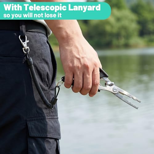 Fishing Pliers, Stainless Steel Needle Nose Plier, Saltwater Fish Nippers with Safety Lanyard, Fishing Hooks Remover Tool, Rustproof Line Cutter Fish Tool for Saltwater Freshwater