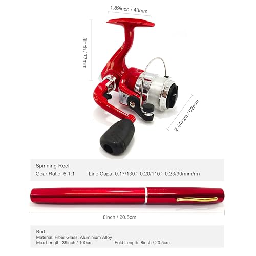 Compact Pocket Telescopic 38inch Mini Pen Fishing Rod Spinning Reel Combos Pen Folded Fishing Pole Spinning Wheel Gift for River, Lake, Reservoir, Ice Fishing and So On - color: Red