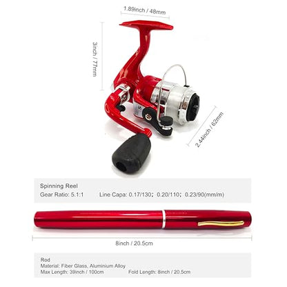 Compact Pocket Telescopic 38inch Mini Pen Fishing Rod Spinning Reel Combos Pen Folded Fishing Pole Spinning Wheel Gift for River, Lake, Reservoir, Ice Fishing and So On - color: Red
