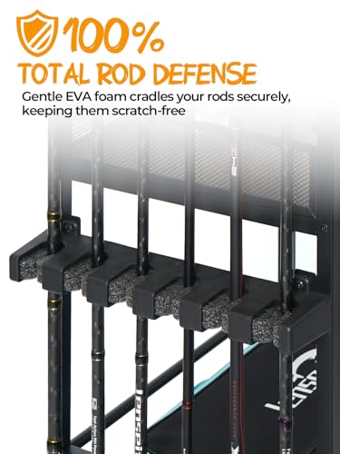 Fishing Rod Holders for Garage, Fishing Rod Rack Holds Up to 12 Rods, Rolling Fishing Pole Storage Organizer with Pegboard, Hooks & Wheels, Fishing Gear Organizer for Tackle Boxes, Reels & Accessories
