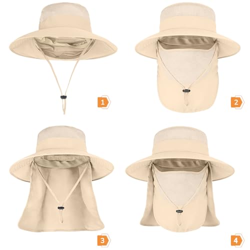 Sun Hats for Men Women Fishing Hat UPF 50+ Breathable Wide Brim Bucket Hats Summer UV Protection Safari Hat with Neck Flap - color: Beige (With Face Cover)