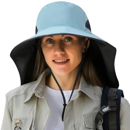 HUAMULAN Women Large Brim Sun Hat with Neck Flap, Men Quick Dry Hiking Fishing Safari Hat UPF 50+ - color: Hyp011-blue