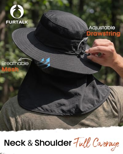 FURTALK Sun Hats for Men Women Fishing Hat with Neck Flap UPF 80+ Breathable Wide Brim Hiking Safari Summer Bucket Hats - color: Black