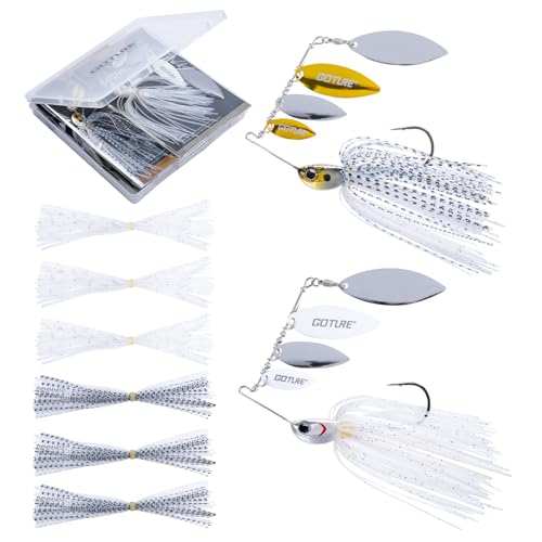 Goture Spinner Baits, Hard Metal Spinnerbaits Kit with 4 Spinner Blades, Spare Skirts Replacement, Buzzbait Spinnerbaits Fishing Lures for Bass Trout Pike Salmon Walleye Freshwater Saltwater - color: A1:2pcs(White & Gold), size: 10g 3/8oz