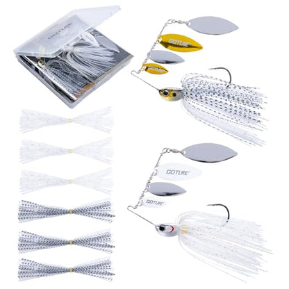 Goture Spinner Baits, Hard Metal Spinnerbaits Kit with 4 Spinner Blades, Spare Skirts Replacement, Buzzbait Spinnerbaits Fishing Lures for Bass Trout Pike Salmon Walleye Freshwater Saltwater - color: A1:2pcs(White & Gold), size: 10g 3/8oz