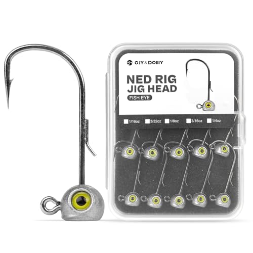 15-Pack Fish Eye Ned Rig Jig Heads with Welded Wire Bait Keeper – 1/16 3/32 1/8 3/16 1/4oz with 2/0 3/0 Hooks, Chartreuse Eyes, Secure Finesse TRD Hookup for Bass Fishing - size: 1/16oz - 15Pack